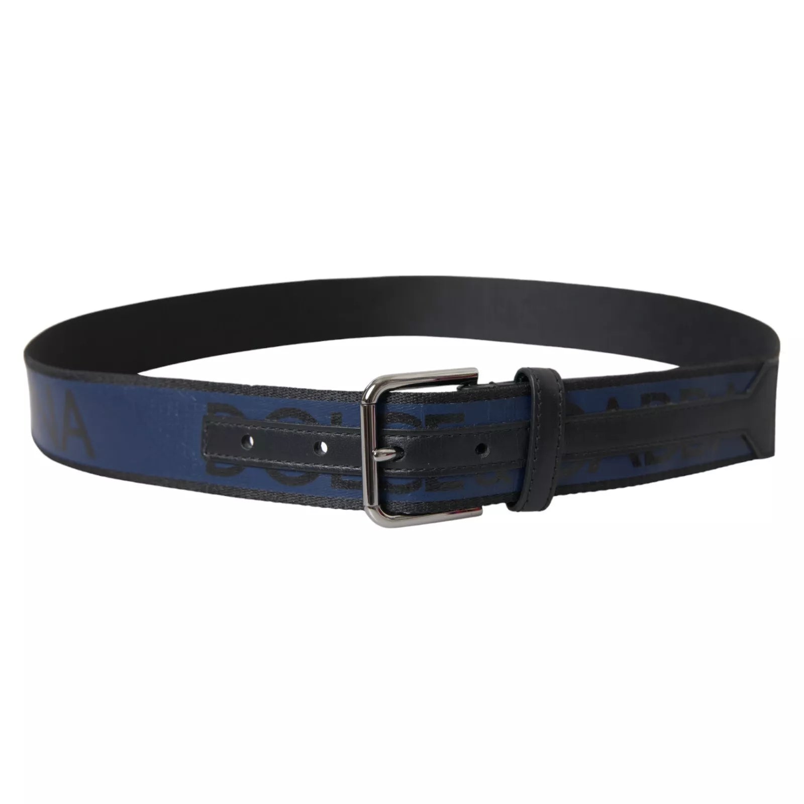 Dolce & Gabbana Black Blue Logo Silver Metal Buckle Belt | Regal Royce