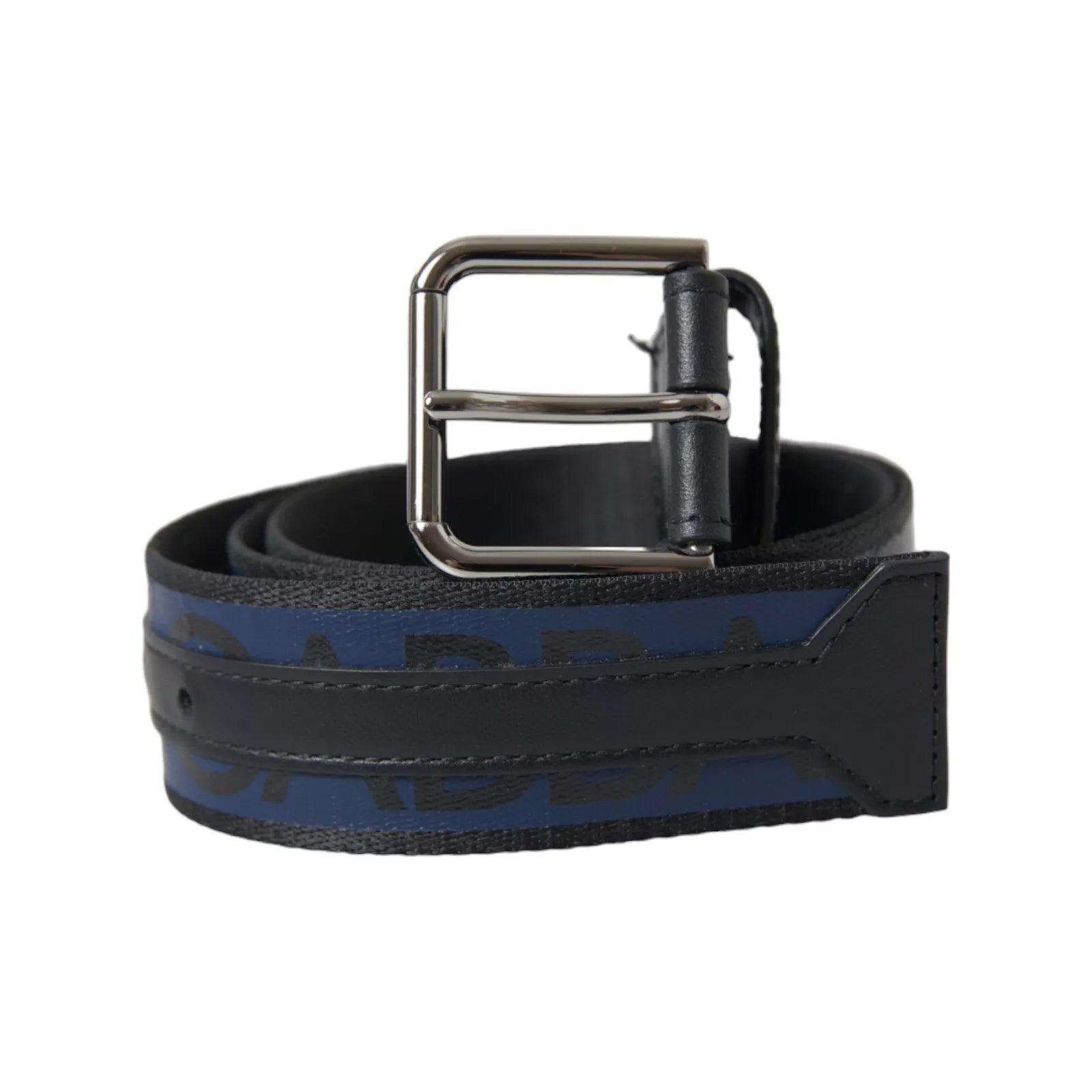Dolce & Gabbana Black Blue Logo Silver Metal Buckle Belt | Regal Royce