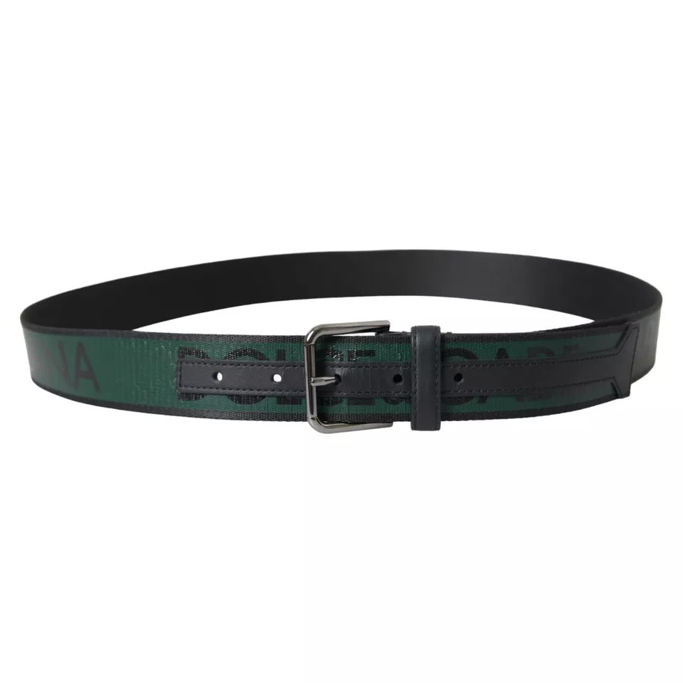 Dolce & Gabbana Black Green Logo Silver Metal Buckle Belt | Regal Royce