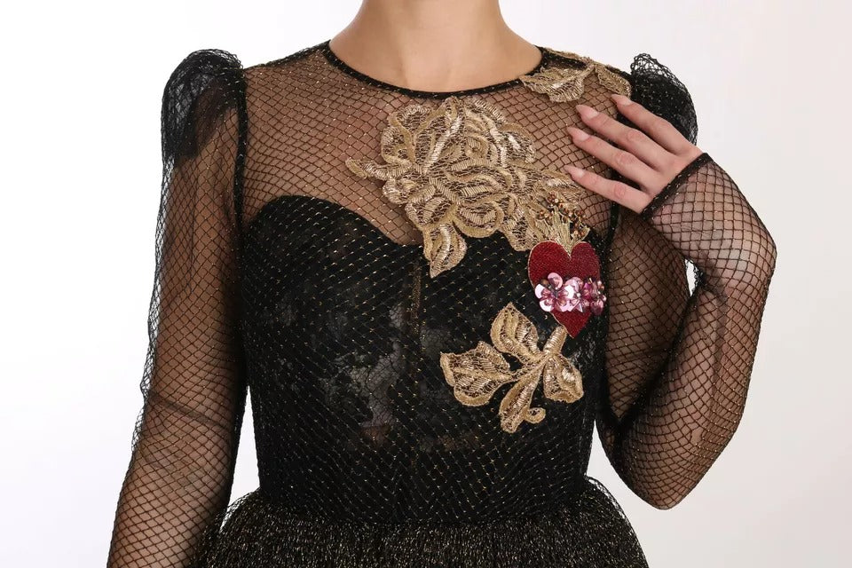 Dolce & Gabbana Black Gold Crystal Heart A-line Dress | Regal Royce
