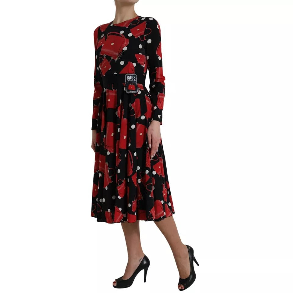 Dolce & Gabbana Black Sicily Bag Print Flared Midi Dress | Regal Royce