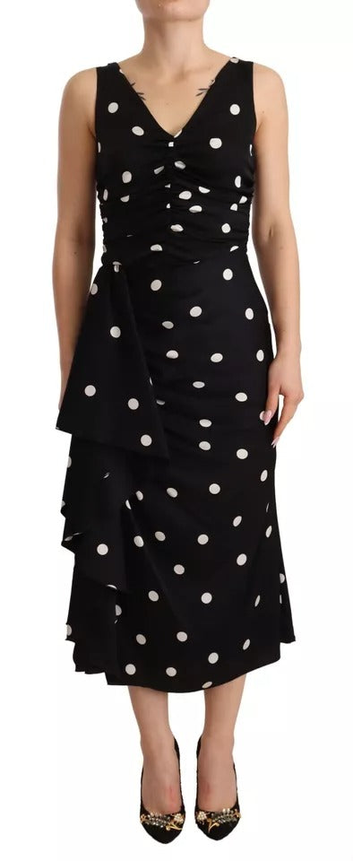 Dolce & Gabbana Black Silk Polka Dots V-neck Sheath Midi Dress | Regal Royce