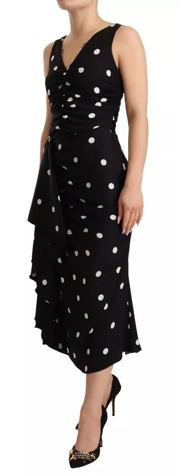 Dolce & Gabbana Black Silk Polka Dots V-neck Sheath Midi Dress | Regal Royce