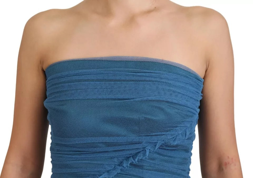 Dolce & Gabbana Blue Mesh Trim Ruched Tulle Sheath Dress | Regal Royce