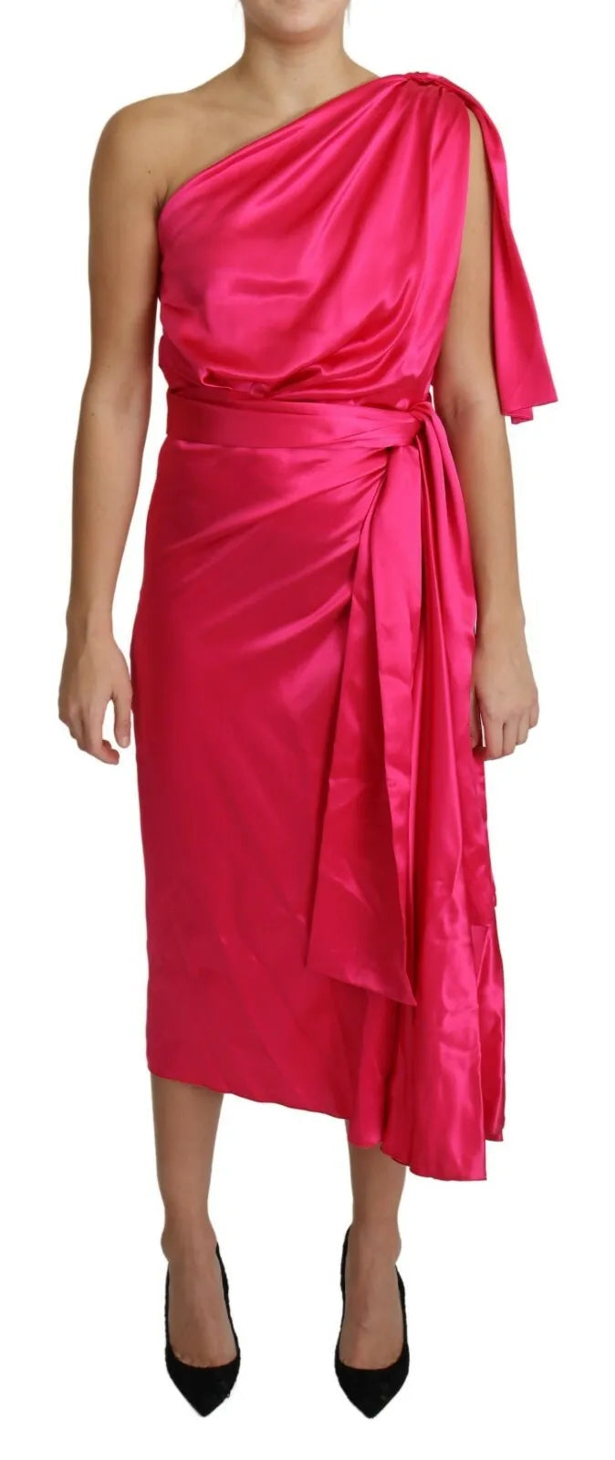 Dolce & Gabbana Fuchsia Fitted Cut One Shoulder Midi Dress | Regal Royce