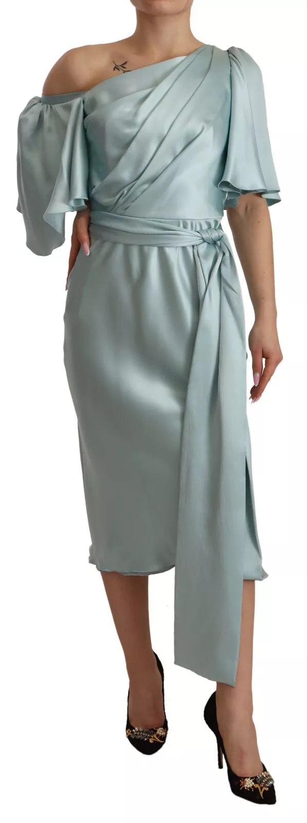 Dolce & Gabbana Silk Mint Green Fit Cut One Shoulder Midi Dress | Regal Royce