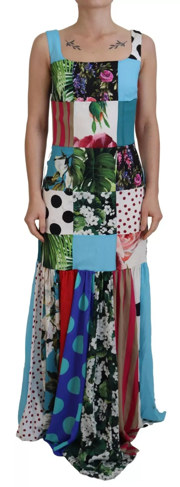 Dolce & Gabbana Silk Multicolor Patchwork Sheath Maxi Dress | Regal Royce