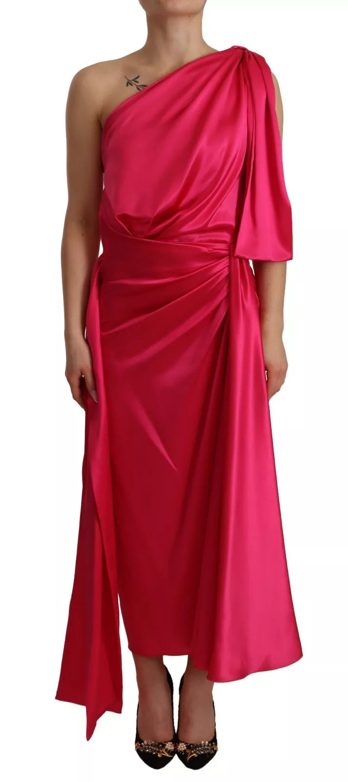 Dolce & Gabbana Silk Pink Fitted Cut One Shoulder Midi Dress | Regal Royce