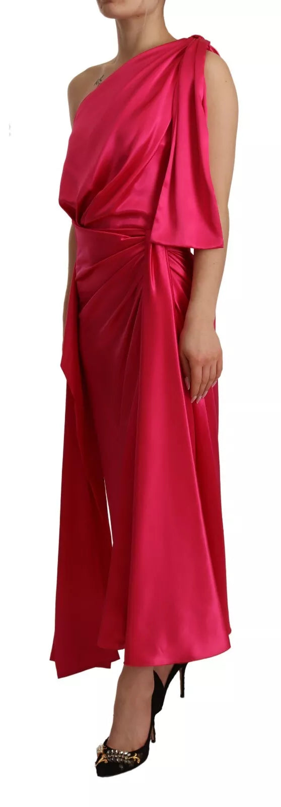 Dolce & Gabbana Silk Pink Fitted Cut One Shoulder Midi Dress | Regal Royce