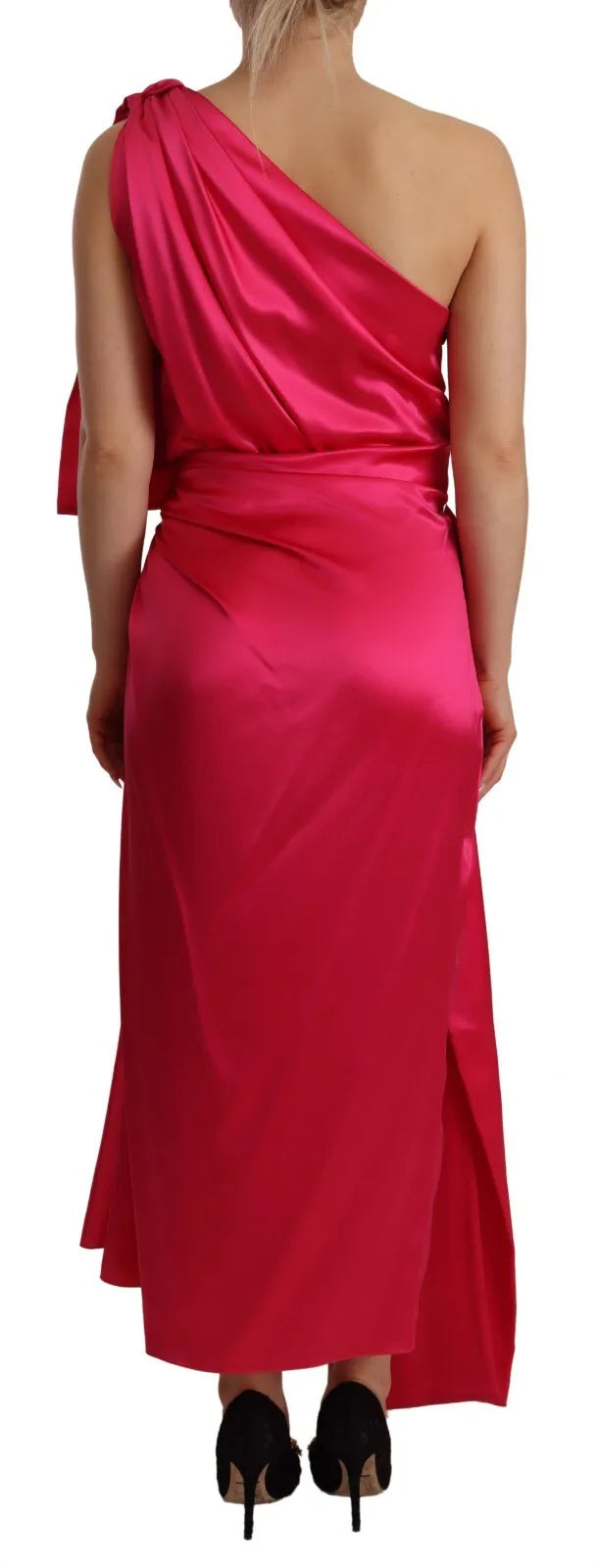 Dolce & Gabbana Silk Pink Fitted Cut One Shoulder Midi Dress | Regal Royce