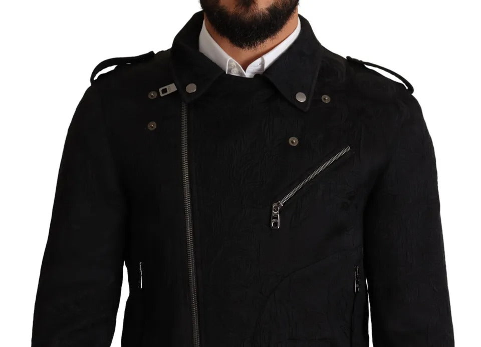 Dolce & Gabbana Black Brocade Full Zip Biker Coat Jacket | Regal Royce