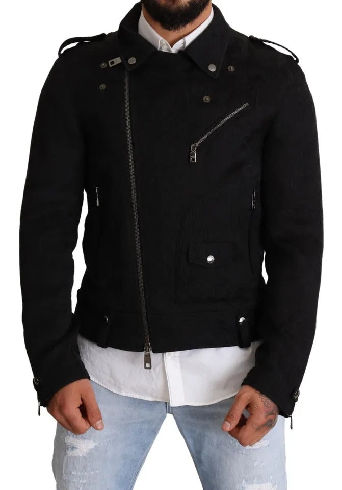 Dolce & Gabbana Black Brocade Full Zip Biker Coat Jacket | Regal Royce