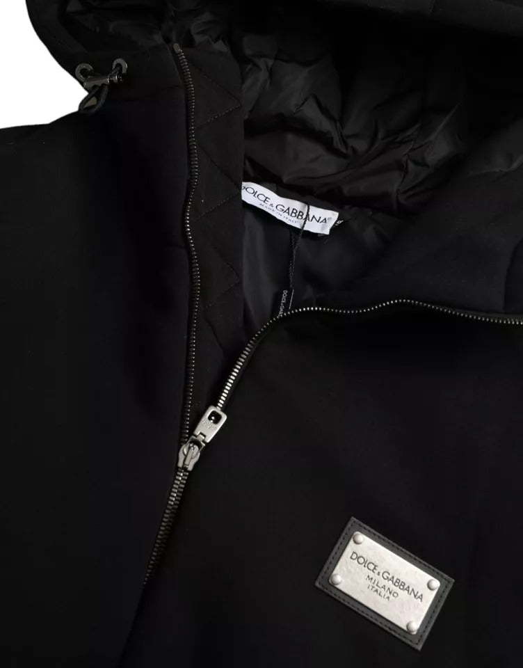 Dolce & Gabbana Black Cotton Hooded Logo Bomber Jacket | Regal Royce