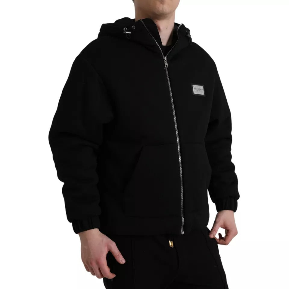 Dolce & Gabbana Black Cotton Hooded Logo Bomber Jacket | Regal Royce