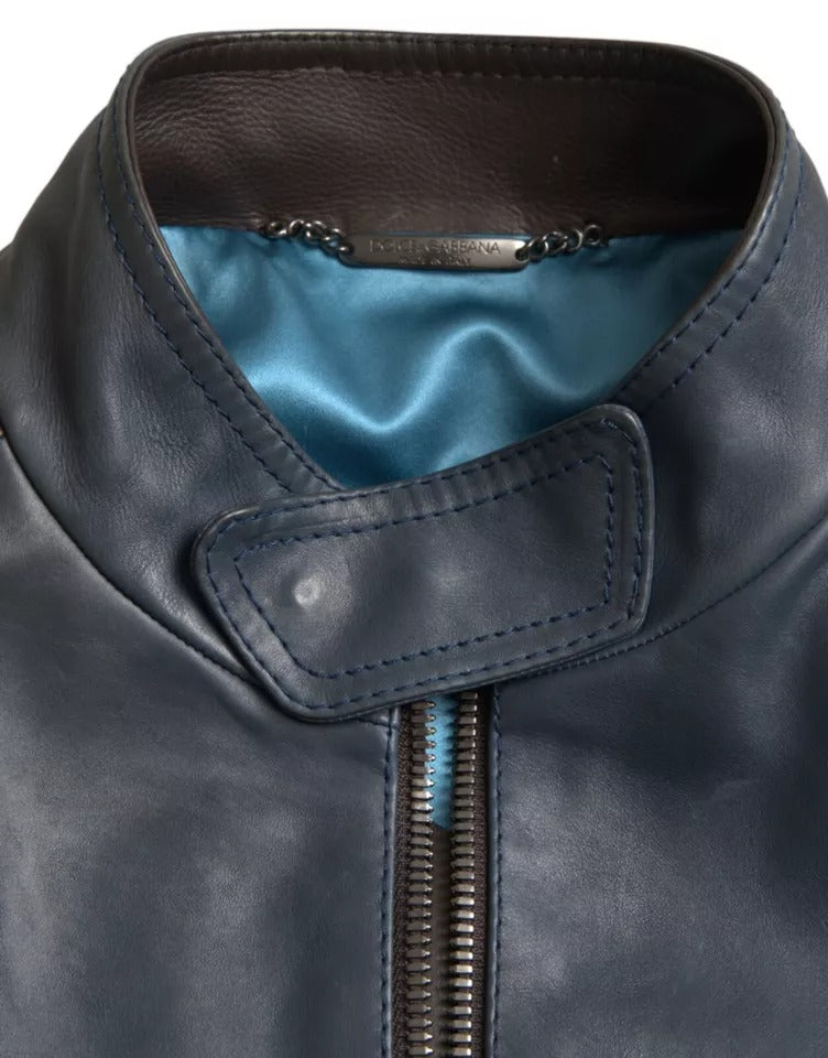 Dolce & Gabbana Blue Leather Full Zip Biker Blouson Jacket | Regal Royce