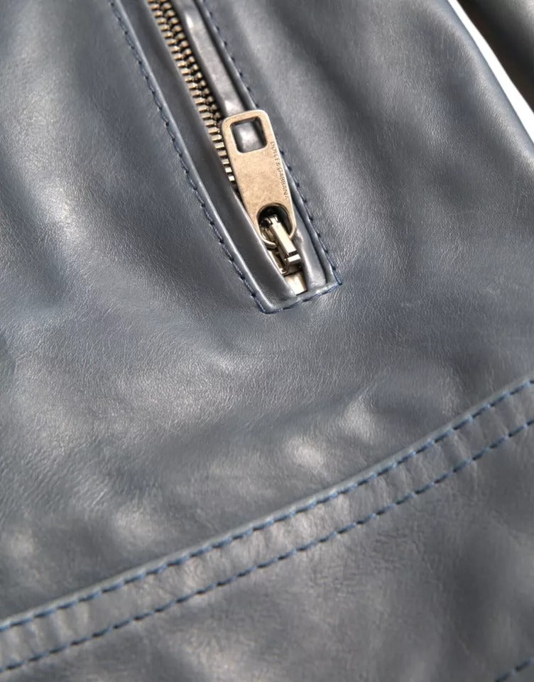 Dolce & Gabbana Blue Leather Full Zip Biker Blouson Jacket | Regal Royce