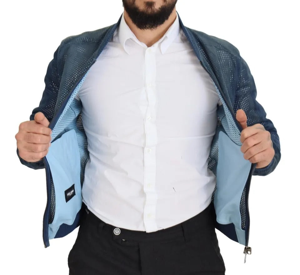 Dolce & Gabbana Blue Leather Perforated Full Zip Jacket | Regal Royce