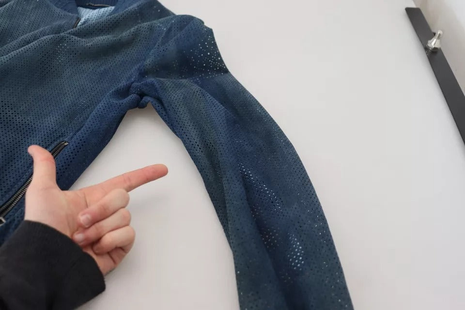 Dolce & Gabbana Blue Leather Perforated Full Zip Jacket | Regal Royce