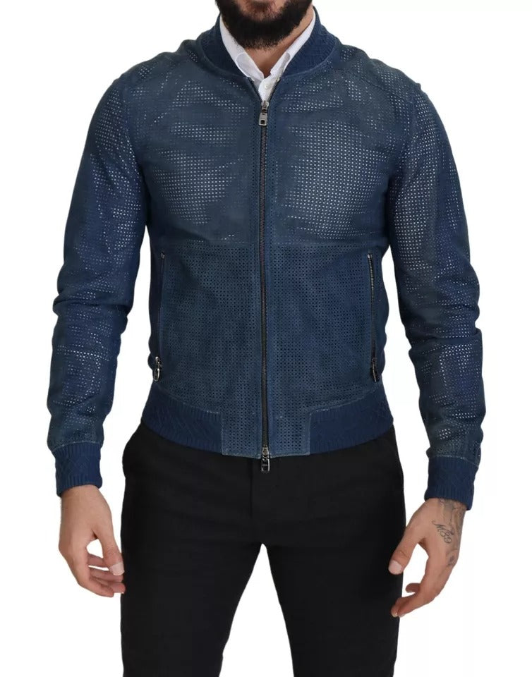 Dolce & Gabbana Blue Leather Perforated Full Zip Jacket | Regal Royce