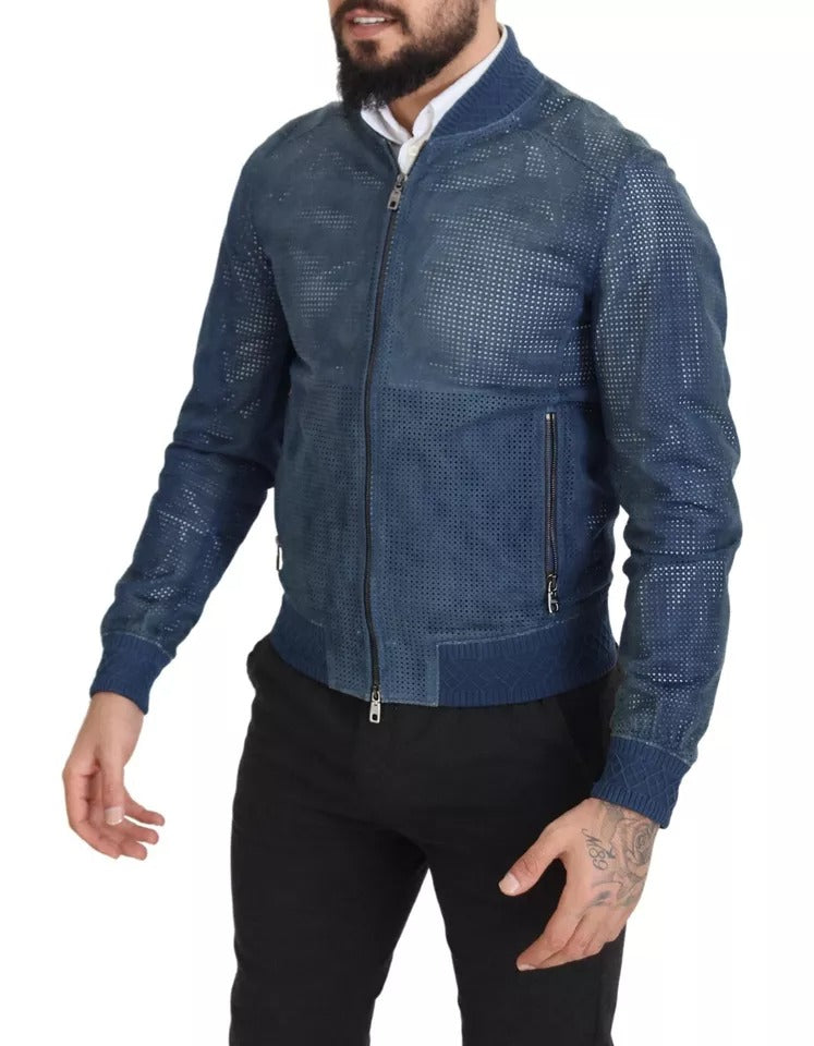 Dolce & Gabbana Blue Leather Perforated Full Zip Jacket | Regal Royce