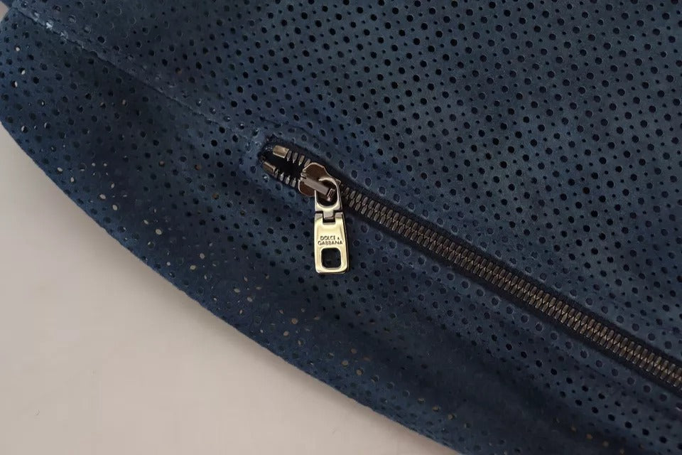 Dolce & Gabbana Blue Leather Perforated Full Zip Jacket | Regal Royce
