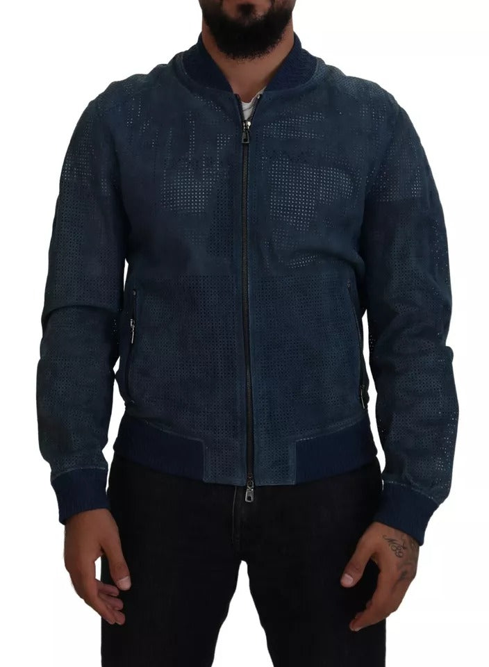 Dolce & Gabbana Blue Leather Perforated Full Zip Jacket | Regal Royce