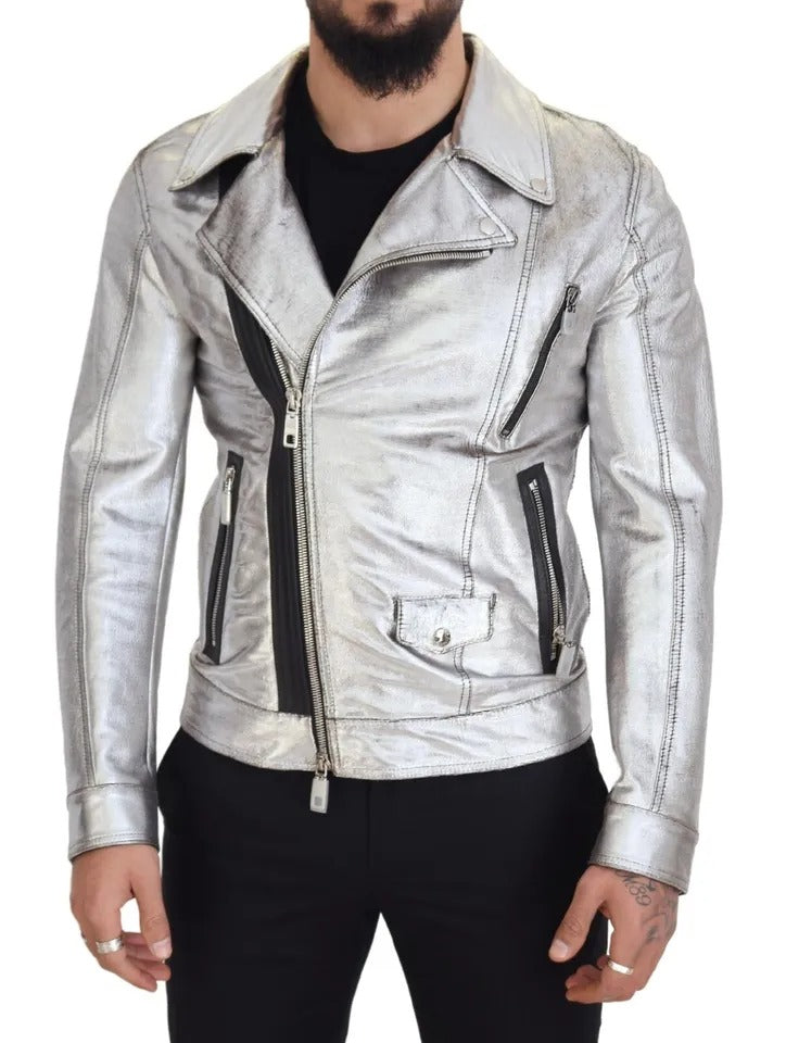 Dolce & Gabbana Silver Leather Biker Coat Lambskin Jacket | Regal Royce