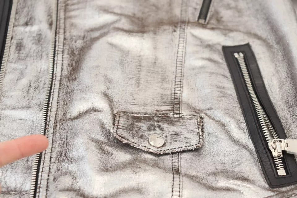 Dolce & Gabbana Silver Leather Biker Coat Lambskin Jacket | Regal Royce