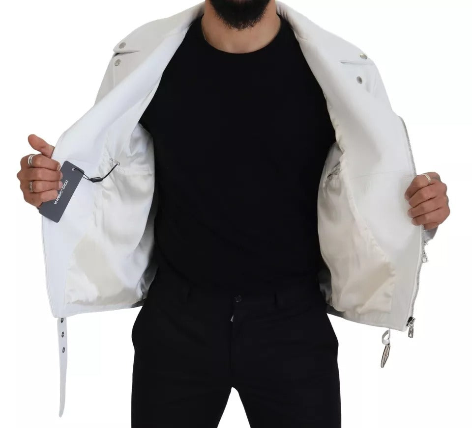 Dolce & Gabbana White Leather Biker Coat Zipper Jacket | Regal Royce