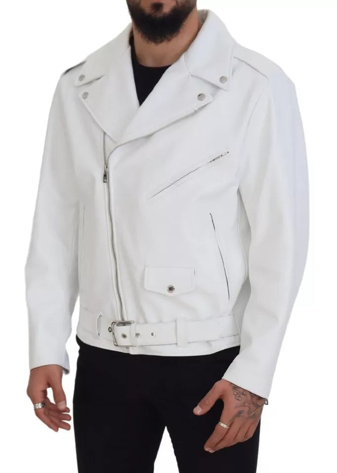 Dolce & Gabbana White Leather Biker Coat Zipper Jacket | Regal Royce