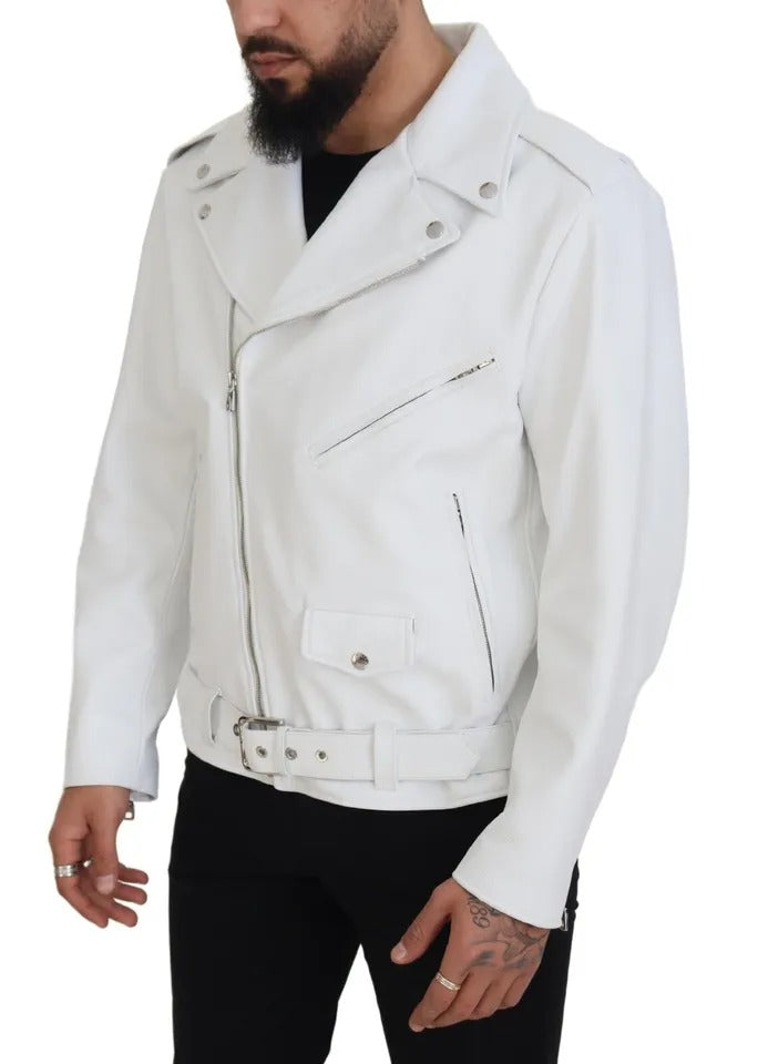 Dolce & Gabbana White Leather Biker Coat Zipper Jacket | Regal Royce