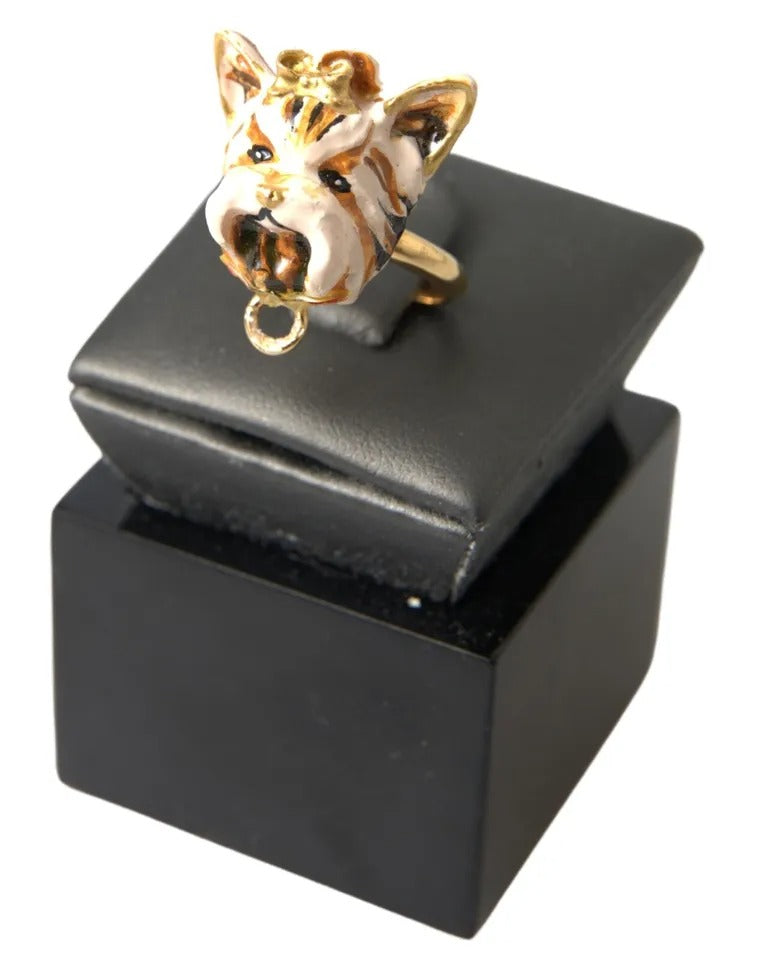 Dolce & Gabbana Gold Brass Resin Beige Dog Pet Accessory Ring | Regal Royce