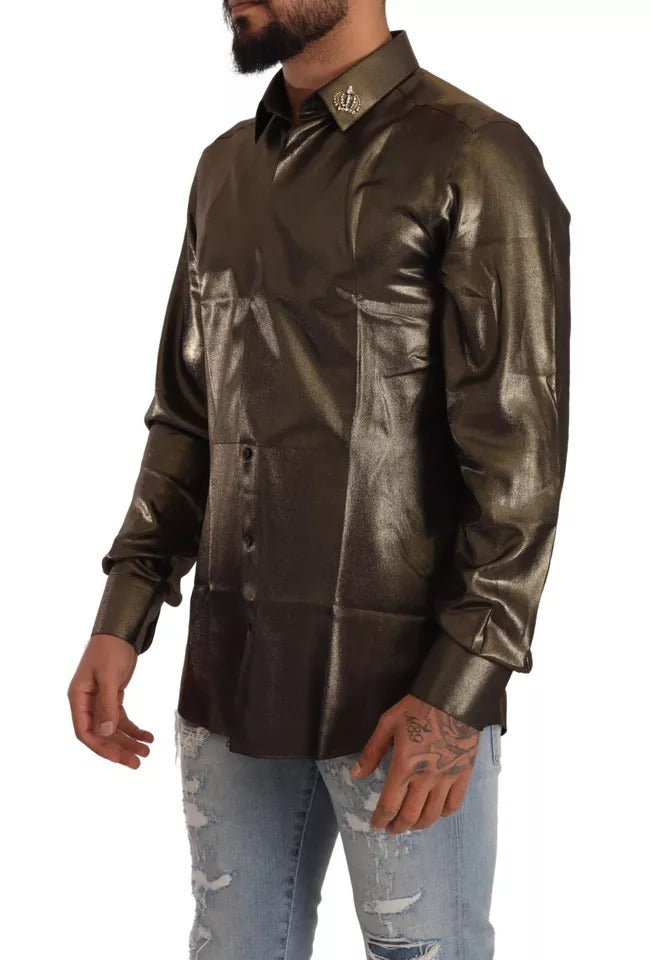 Dolce & Gabbana Metallic Gold DG Embroidered Crown Silk Top Shirt | Regal Royce