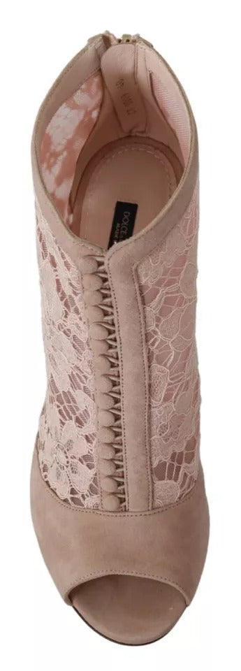 Dolce & Gabbana Beige Lace Suede Peep Toe Ankle Boots Shoes | Regal Royce