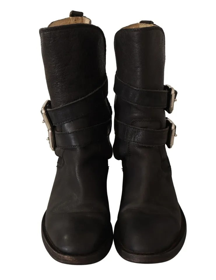 Dolce & Gabbana Black Leather Buckle Mid Calf Boots Shoes | Regal Royce