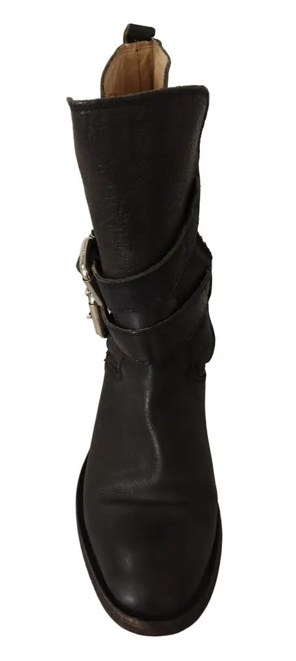 Dolce & Gabbana Black Leather Buckle Mid Calf Boots Shoes | Regal Royce