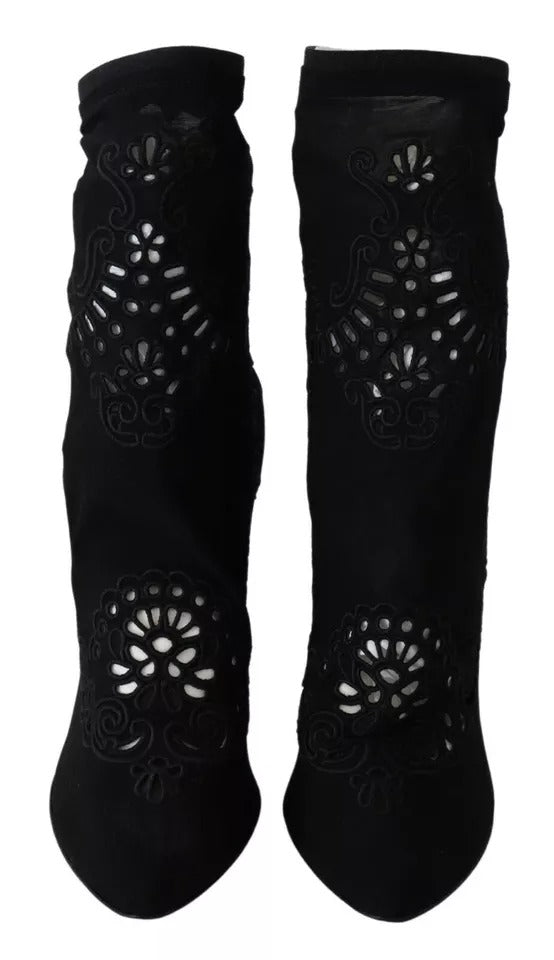 Dolce & Gabbana Black Stretch Pumps Boots Floral Lace Shoes | Regal Royce