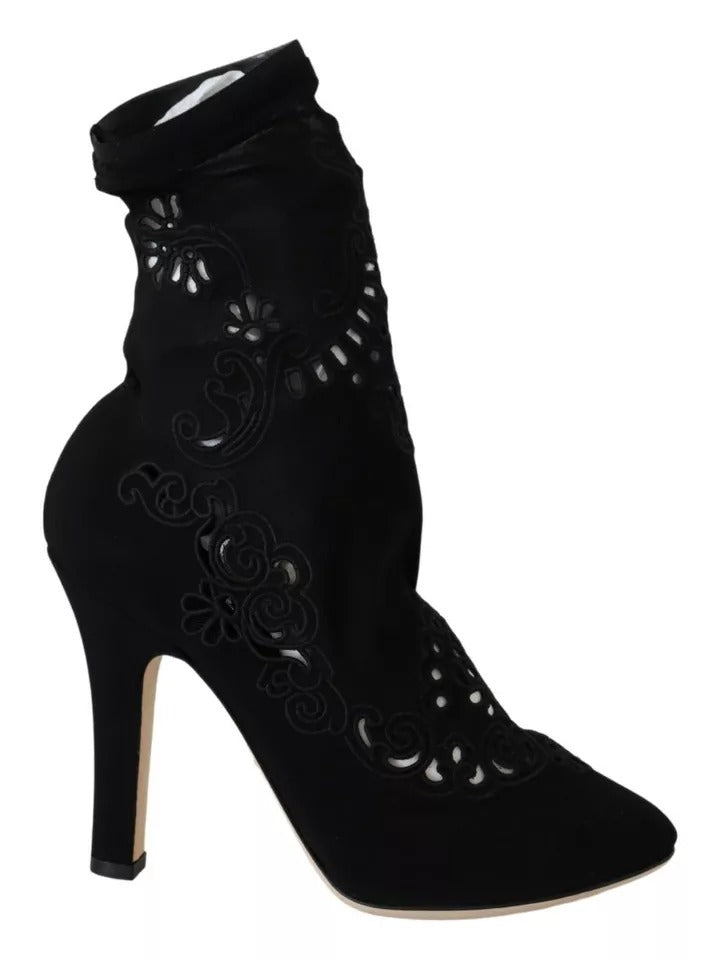 Dolce & Gabbana Black Stretch Pumps Boots Floral Lace Shoes | Regal Royce