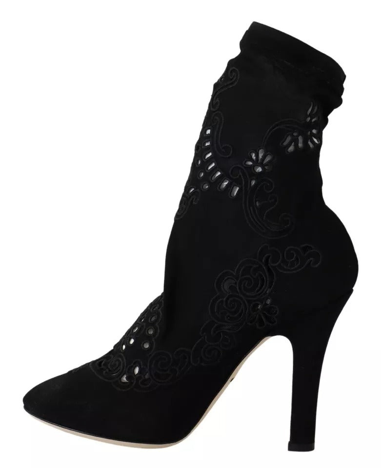 Dolce & Gabbana Black Stretch Pumps Boots Floral Lace Shoes | Regal Royce