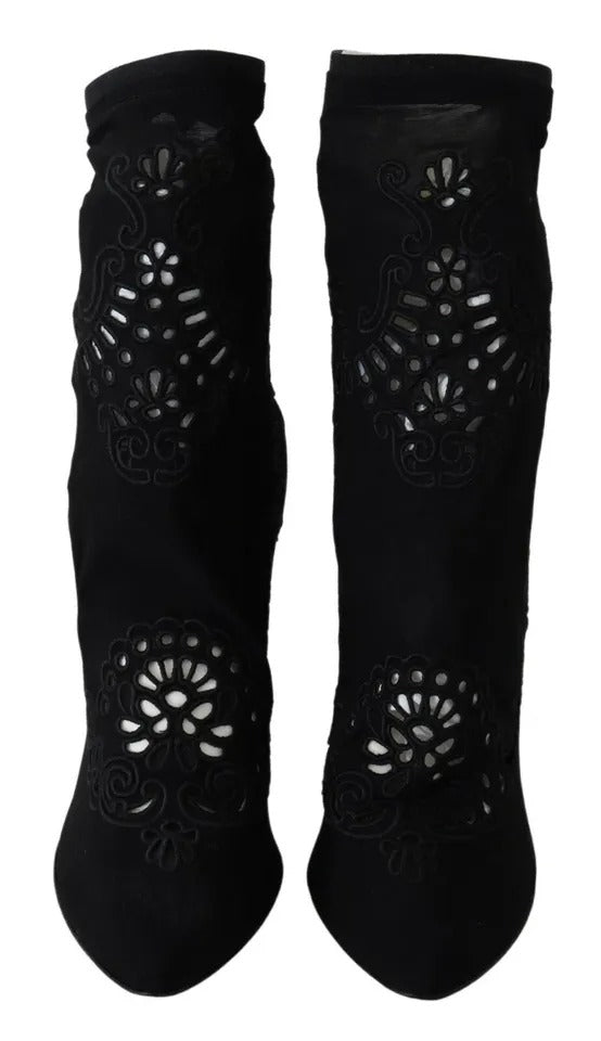 Dolce & Gabbana Black Stretch Pumps Boots Floral Lace Shoes | Regal Royce