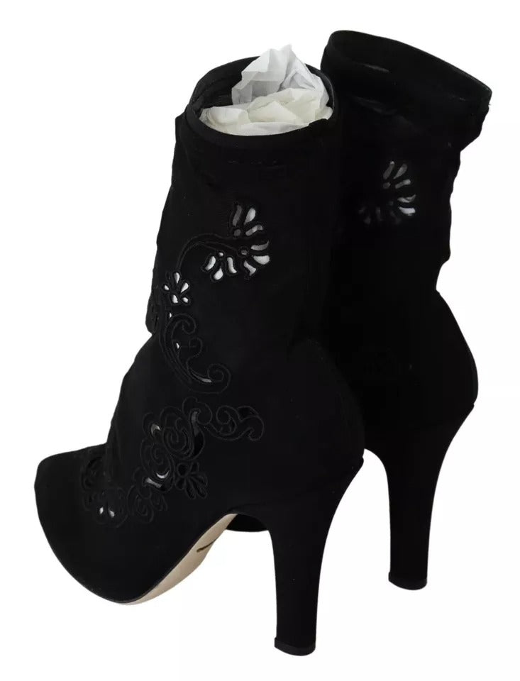 Dolce & Gabbana Black Stretch Pumps Boots Floral Lace Shoes | Regal Royce