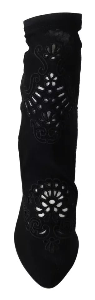 Dolce & Gabbana Black Stretch Pumps Boots Floral Lace Shoes | Regal Royce