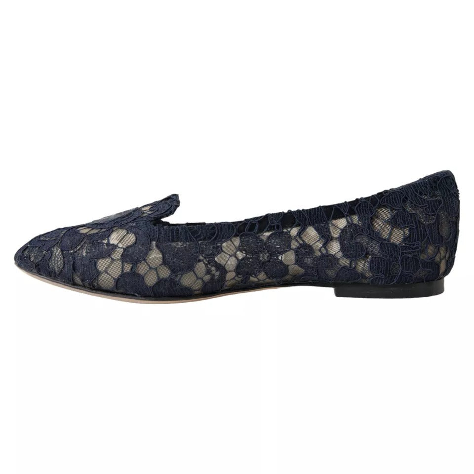 Dolce & Gabbana Dark Blue Taormina Lace Slip On Flats Shoes | Regal Royce