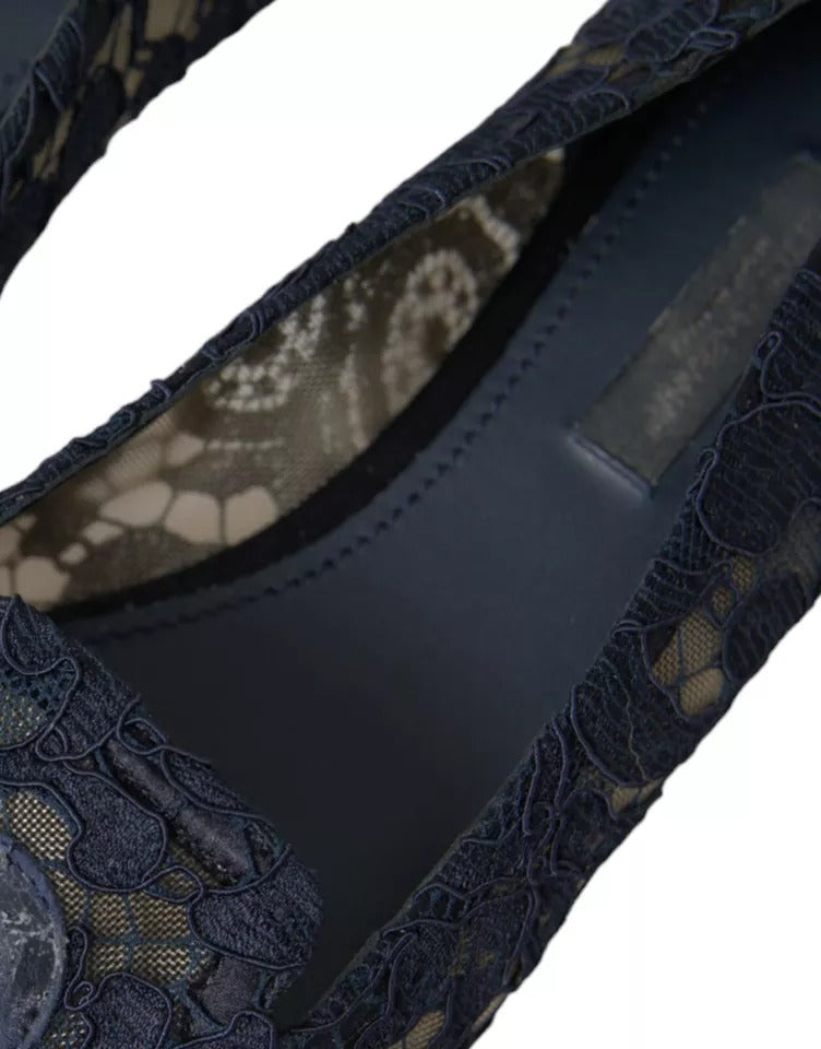 Dolce & Gabbana Dark Blue Taormina Lace Slip On Flats Shoes | Regal Royce