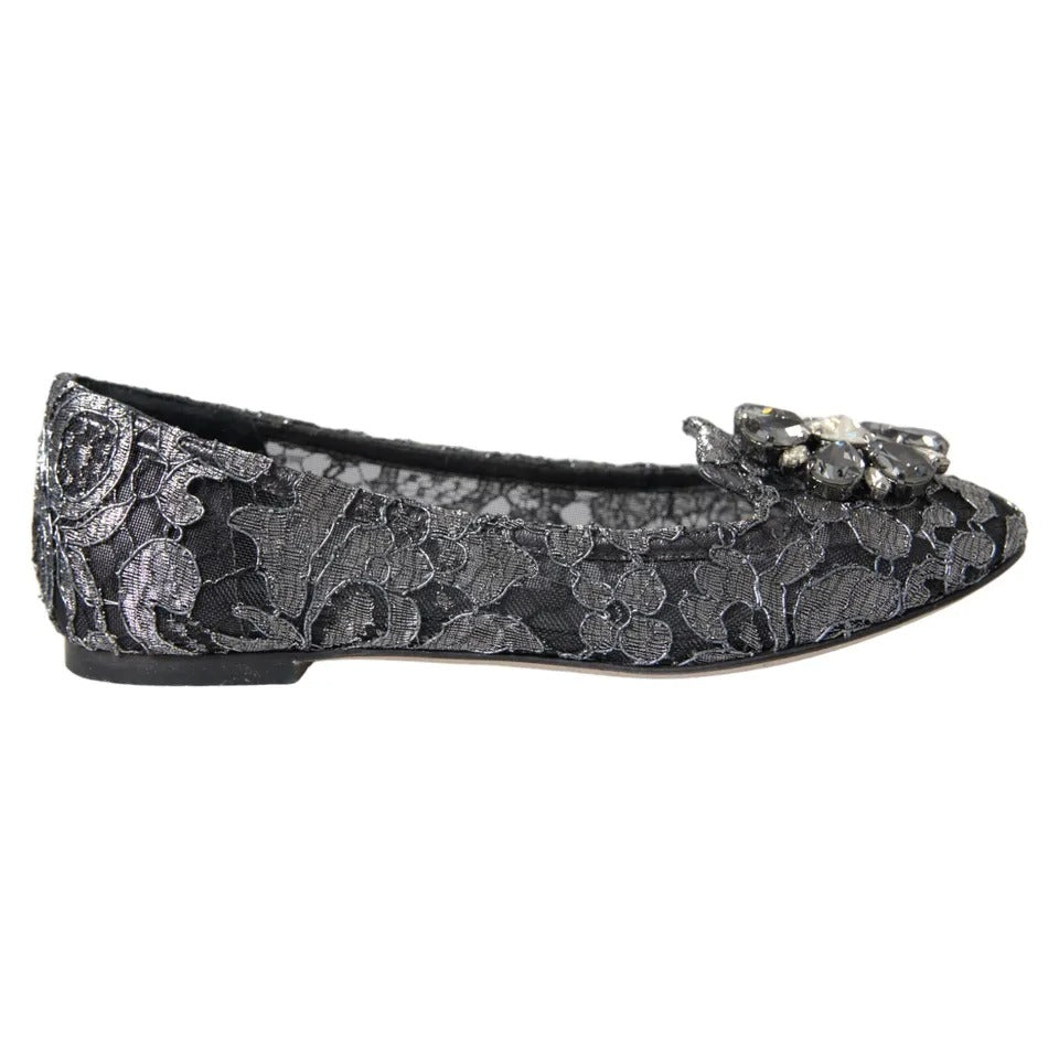 Dolce & Gabbana Gray Black Lace Crystal Ballet Loafers Shoes | Regal Royce