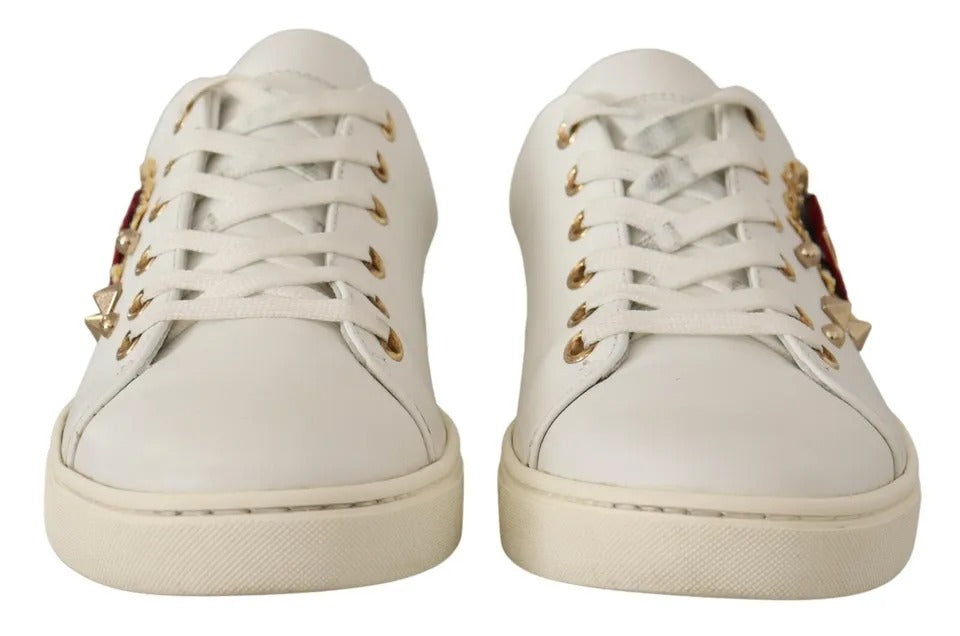 Dolce & Gabbana White Leather Gold Red Heart Sneakers Shoes | Regal Royce