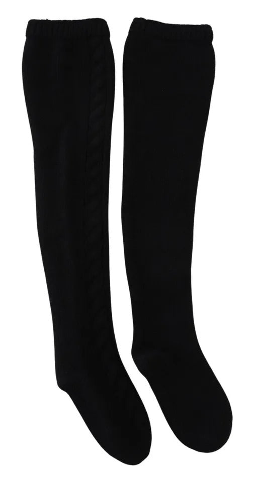 Dolce & Gabbana Black Wool Knit Calf Long Women Accessory Socks | Regal Royce
