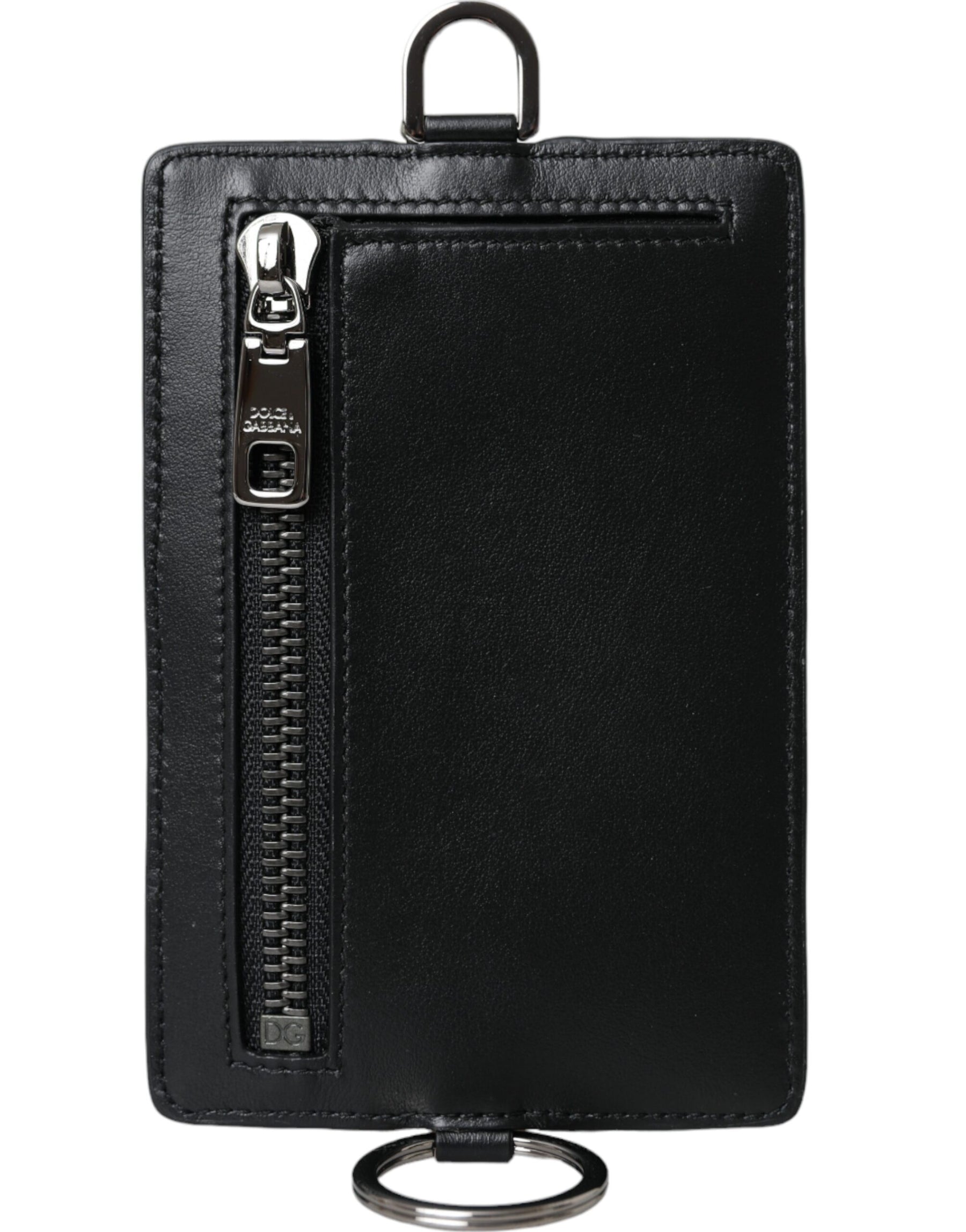 Dolce & Gabbana Black Calf Leather Lanyard Logo Card Holder Men Wallet | Regal Royce