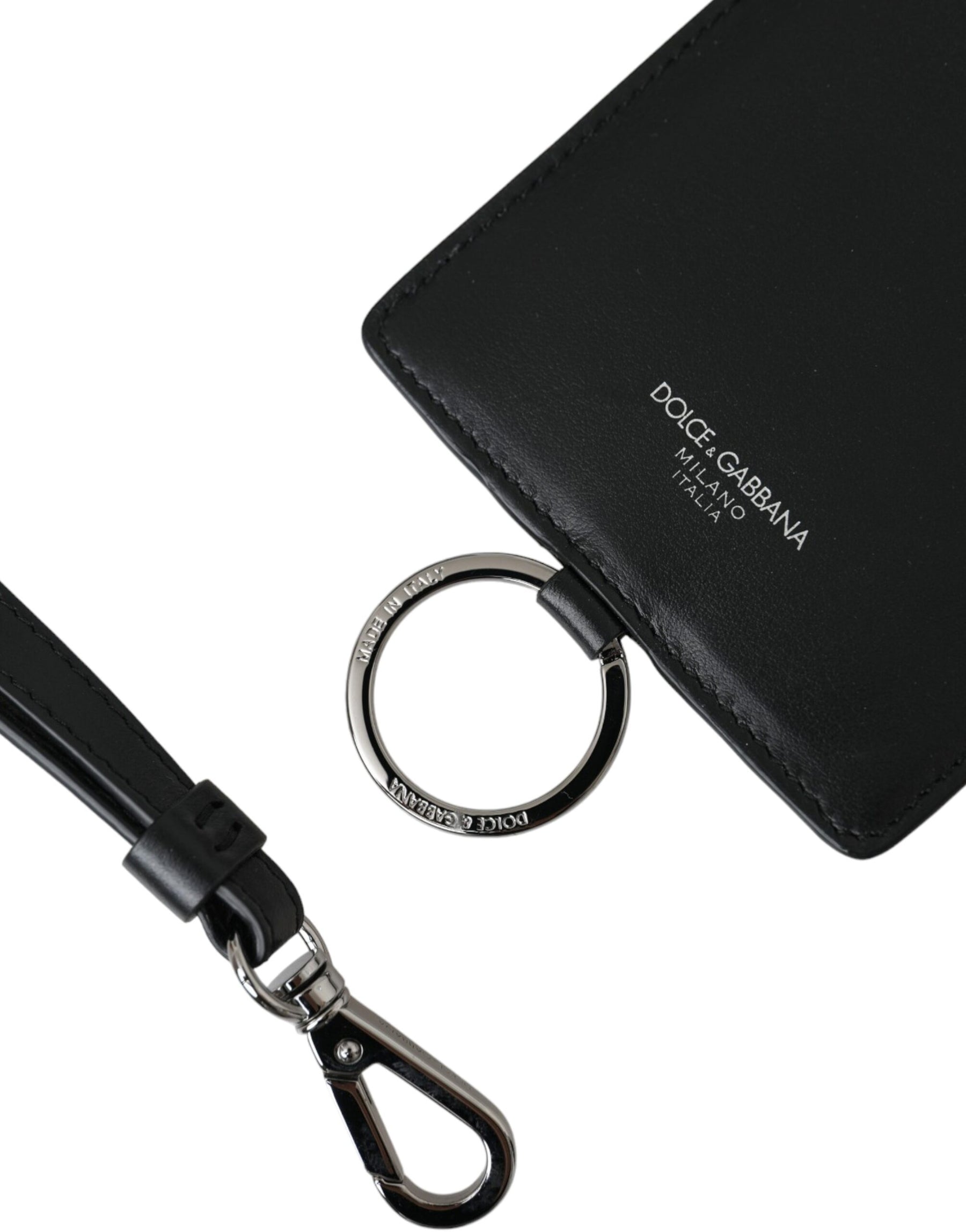 Dolce & Gabbana Black Calf Leather Lanyard Logo Card Holder Men Wallet | Regal Royce