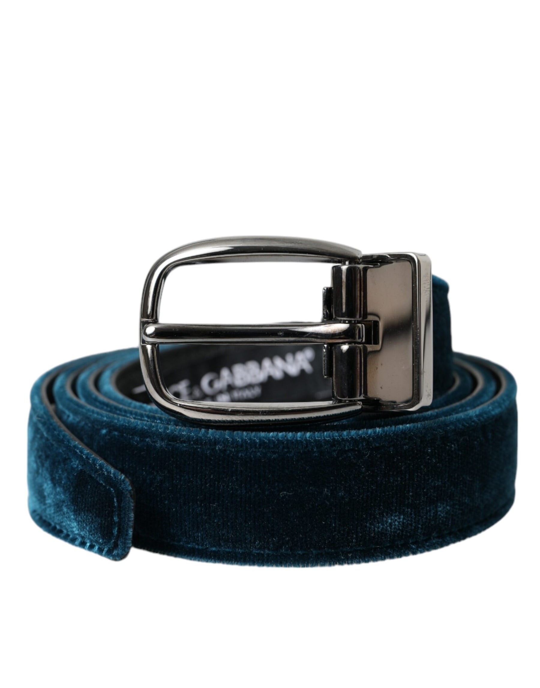 Dolce & Gabbana Blue Velvet Leather Silver Metal Buckle Belt | Regal Royce